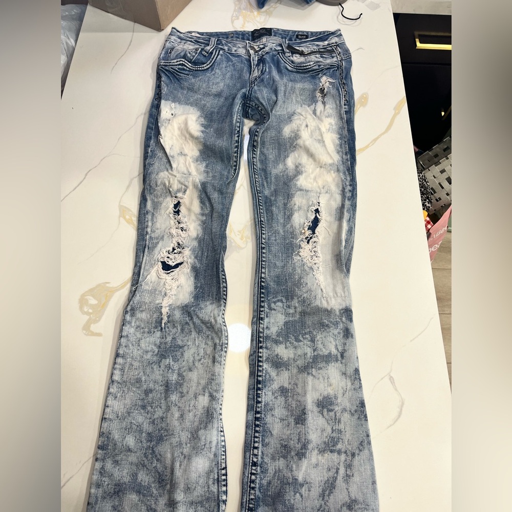 Y2K REROCK Express Jeans Boot Cut Denim Distressed Jeans with Flap Pockets Pants